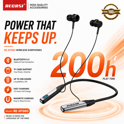 RE-NY060 Recrsi Wireless Neckband Bluetooth Earphone – Bluetooth 5.3 Headset with 200H Standby, 500mAh Battery, LED Display, TF Card Slot & Type-C Fast Charging